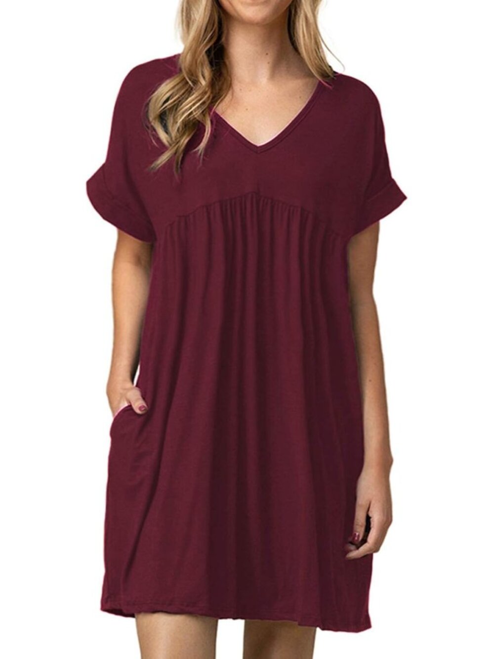 Women's Red Summer Tshirt Dress Babydoll Casual Mini Tunic Ruched Flowy Dress